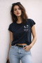 Women's Crew Neck Game Over Cat Printed Regular Fit T-Shirt Navy - 2