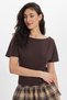 Women's Slim Fit Short Batwing Sleeve Boat Neck Brown T-Shirt - 8