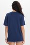 Women's Oversize Wide Cut 100% Cotton Crew Neck Short Sleeve Printed Navy Blue T-Shirt Blouse - 6