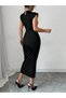 Women's Semi-Crew Neck Short Sleeve Midi Dress with Accessory Detail, Special Occasion, Event-Graduation Dress - 2