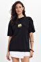 Women's Oversize Wide Cut Short Sleeve 100% Cotton Flowy Printed Black T-Shirt Blouse Blouse