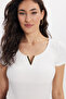 Women's Slim Fit Cotton V-Neck Short Sleeve Ecru Blouse - 4
