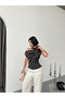 Polka Dot Boat Neck Women's Blouse White Black Stylish Draped Top - 3