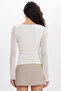Women's Slim Fit Fitted Crew Neck Long Sleeve Ecru Blouse - 6