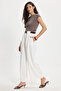 Women's relaxed fit pleated ecru pants with double pockets and belt - 4