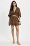 Women's oversized wide cut 100% cotton double breasted collar crop ruffled brown shorts skirt set - 2