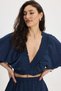 Women's Oversize Wide Cut 100% Cotton Double Breasted Collar Crop Ruffle Navy Blue Shorts Skirt Set - 3