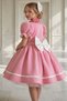 Girl's Clown Collar and Ruffled Waist Pearl Ribbon Detailed Balloon Sleeve Fluffy Pink Evening Dress - 3