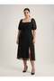 Apsen Women's Black Square Neck Transparent Short Sleeve Slit Detailed Midi Dress 4526-115