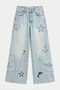 Women's Denim Color T-12S6-99 Palazzo Fit Embroidery Detailed Special Design Denim Jean