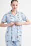 Women's Blue Lyc Suprem Shirt Collar Buttoned Short Sleeve Pocket Blouse - 4