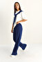 Navy Blue White Shawl Detail Basic T-Shirt Elastic Waist Loose Pants Bottom-Top Modal Set 4116 60286084 - 4