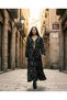 Women's Black Leaf Print Bohemian Maxi Dress - V-Neck Long Sleeve Gipe Detailed Summer Dress - 4