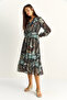 Women's Khaki Elastic Waist V-Neck Button Detailed Lined Patterned Chiffon Dress 2137 60286158 - 5