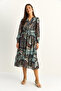 Women's Khaki Elastic Waist V-Neck Button Detailed Lined Patterned Chiffon Dress 2137 60286158 - 2