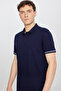 Men's Navy Blue 100% Cotton Standard Fit Polo Collar Jacquard T-Shirt - 4
