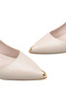 Beige Wrinkled Patent Leather Kitten Heeled Women's Shoes with Pointed Metal Toe and Gold Accessories - 2