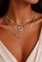 Blue Heart Detailed Double Layer Steel Necklace – Stylish Women's Necklace with Zircon Stones Steel Zircon Chain Set