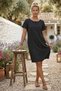 Organic Cotton Black Boat Neck Short Sleeve Double Pockets Casual Muslin Woven Dress 95 60 - 4