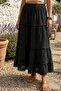 Black Washed Ruffled Elastic Waist Casual Muslin Long Woven Skirt 98 60