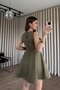 Khaki Crew Neck Pleated Linen Dress - 3