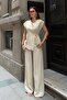 Women's Beige Double-Breasted Tie-Up Linen Textured Top and Bottom Set - 3