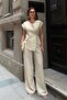 Women's Beige Double-Breasted Tie-Up Linen Textured Top and Bottom Set - 2