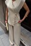 Women's Beige Double-Breasted Tie-Up Linen Textured Top and Bottom Set - 5