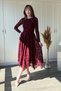 Velvet Floral Embroidered Asymmetrical Midi Burgundy Dress - 8