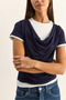 Women's Navy Blue Double Layered Look Degaje Collar Short Sleeve T-Shirt 6140 60286132 - 5