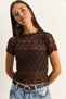 Women's Bitter Coffee Crew Neck Short Sleeve Transparent Lace Blouse 6145 60286129 - 3