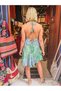 Green Color Gold Detail Halter Neck Backless Short Silk Dress - 4