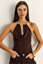 Women's Bitter Brown Halter Collar Metal Accessory Degaje Blouse 2307 60286131 - 4