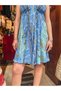 Blue Color Gold Detailed Halter Neckline Backless Short Silk Dress - 3