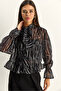 Women's Black Gathered Sleeve Detailed Tie-Neck Patterned Chiffon Blouse 1033 60286091 - 5