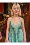 Green Color Gold Detail Halter Neck Backless Short Silk Dress - 2