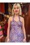 Purple Color Gold Detail Halter Neck Backless Silk Dress - 2