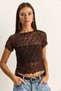Women's Bitter Coffee Crew Neck Short Sleeve Transparent Lace Blouse 6145 60286129