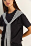 Women's Black Striped Shawl Detailed Relaxed Basic T-Shirt 7679 60286112 - 5