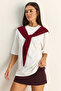Women's White Claret Red Shawl Detailed Oversize Basic T-Shirt 1094 60286118 - 3