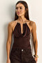 Women's Bitter Brown Halter Collar Metal Accessory Degaje Blouse 2307 60286131