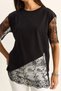Women's Black Crew Neck Lace Garnished Asymmetrical Cut Relaxed Fit T-Shirt 2225 60286125 - 6