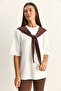 Women's White Coffee Shawl Detailed Oversize Basic T-Shirt 1094 60286118 - 3