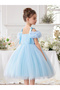Girls Bow Tie Shoulder Floral Mesh Party Dress - 7