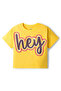 Knit Short Sleeves Text Printed Top & Stretchable Denim Pants Set-Yellow & Blue - 4