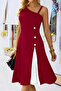 New Season Women's One Shoulder Stripe Detailed Zero Sleeve Side Button Detailed Janjan Crepe Dress - 3