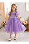 Girl Solid Puff Sleeve Lace Top Mesh Party Dress - 6