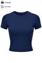 Navy Blue Viscose Fitted Crew Neck Short Sleeve Women's Crop T-Shirt - 2