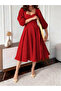 Red Plain Sweetheart Neck A-Line Midi Dress with Button Detail