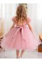 Girls Floral Mesh Lace Contrast Bow Detail Mesh Party Dress - 5